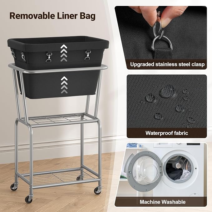 ELYKEN Laundry Cart with Wheels, Rolling Laundry Hamper with Removable Bag and - Image 5
