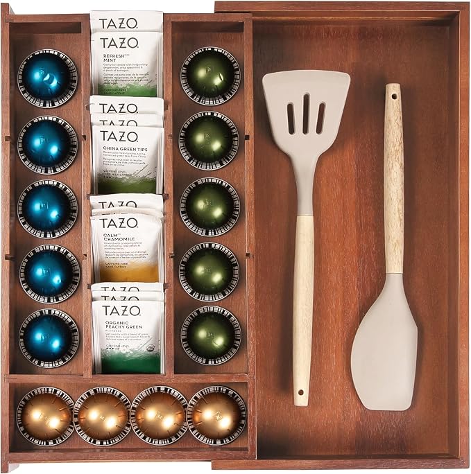 KitchenEdge Acacia Tea Bag and Coffee Pod Kitchen Drawer Organizer, Expandable by KitchenEdge
