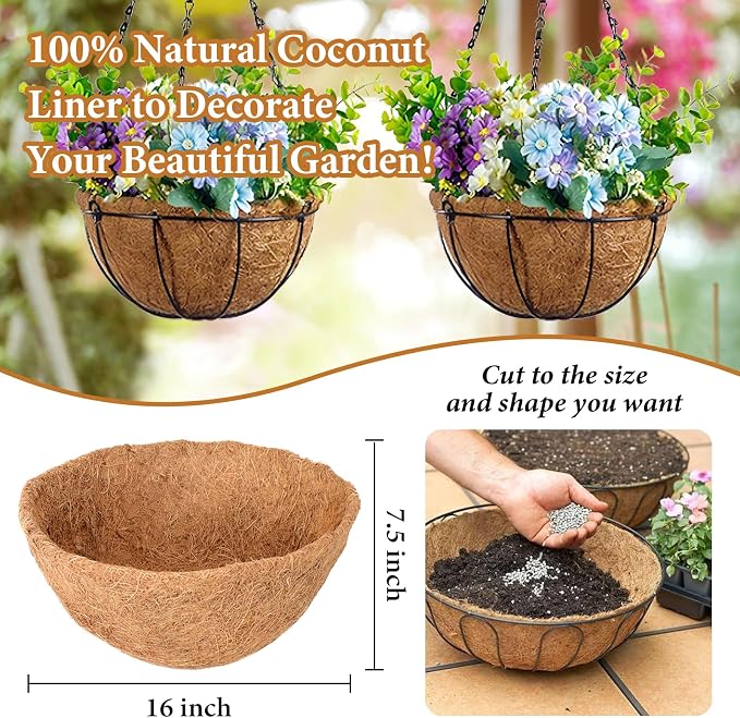 6 Pack 16 Inch Hanging Basket Coco Liners Replacement, 100% Natural Round - Image 2