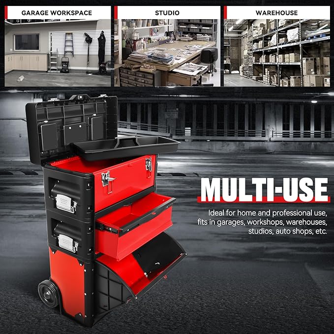 Auto Dynasty Stackable Tool Box 3-Tier Tool Separate Organizer Rolling Tool - Image 5