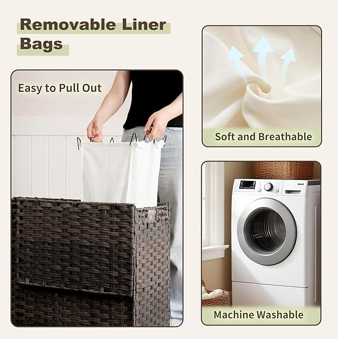 Laundry Hamper with Lid, 110L Rattan Laundry Hamper 2 Section with 50L Storage - Image 6