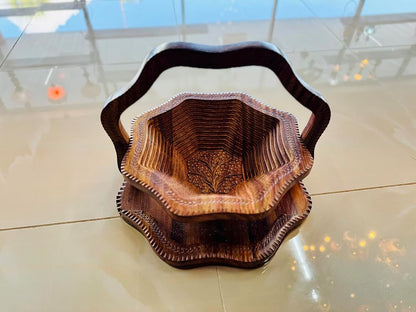 Handmade 14″ Collapsible Wooden Basket, Single Bowl Flower Design in Himalayan - Image 3