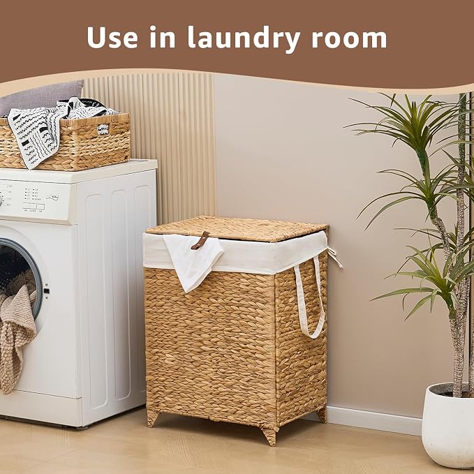 Laundry Hamper with Lid and Removable Liner Bag, Handwoven Natural Hyacinth - Image 6