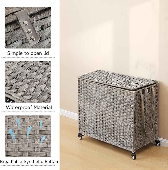 Laundry Hamper with Wheels, 34.3 Gallon Rolling Laundry Basket with Lid - Image 6