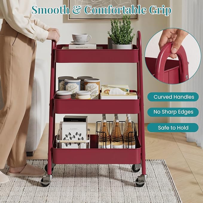 OLIXIS Metal 3 Tiers Utility Rolling Cart, Mobile Storage Shelf - Image 4