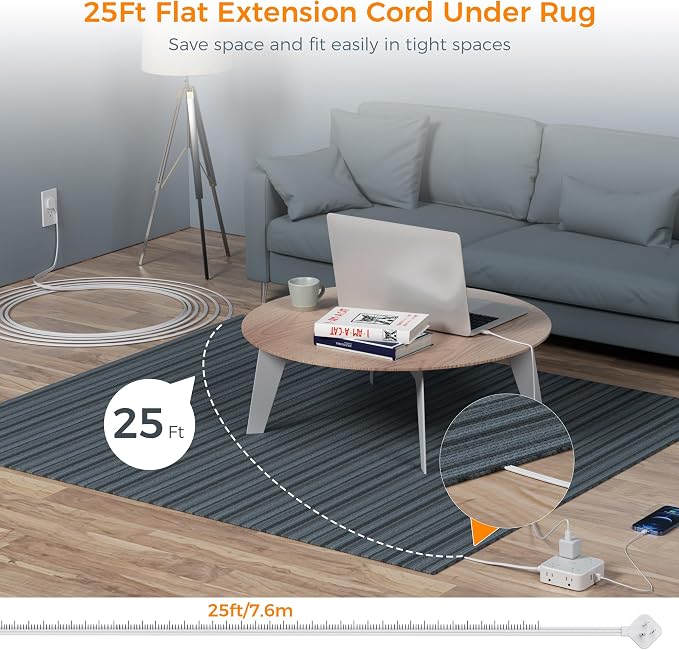Flat Plug Long Extension Cord 25 Ft, TESSAN Power Strip Surge Protector - Image 2
