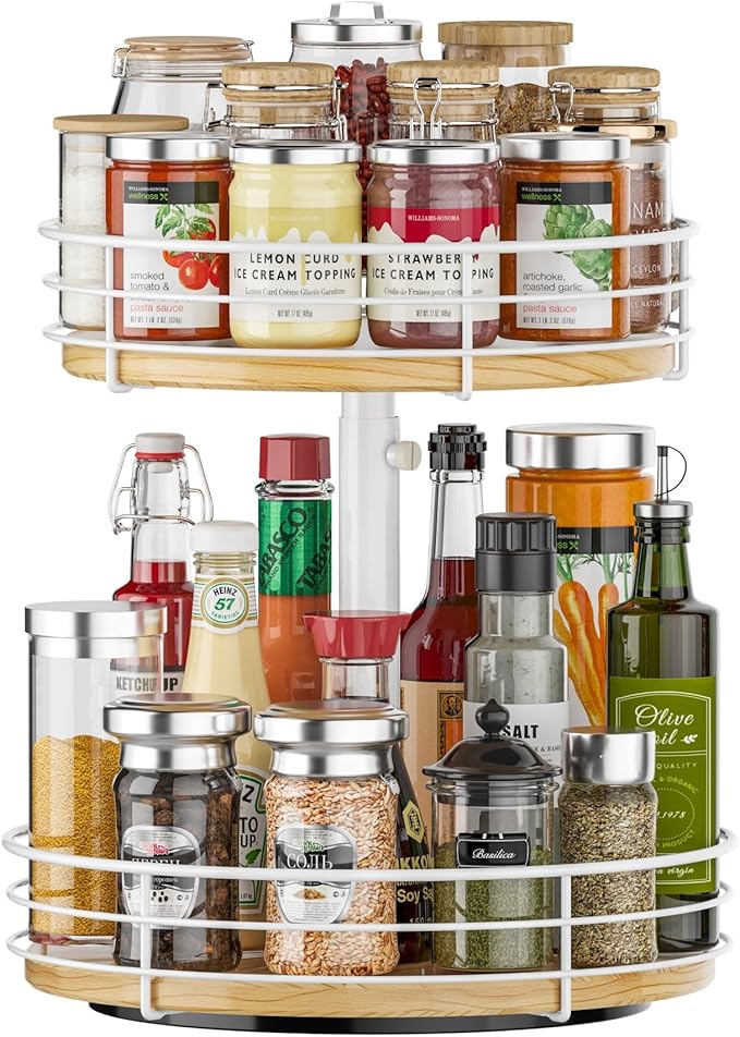 Two Tier Lazy Susan Organizer Turntable, 12 Inch, Rotating Spice Rack, Wood by HISKIWUU