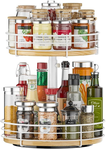 Two Tier Lazy Susan Organizer Turntable, 12 Inch, Rotating Spice Rack, Wood by HISKIWUU