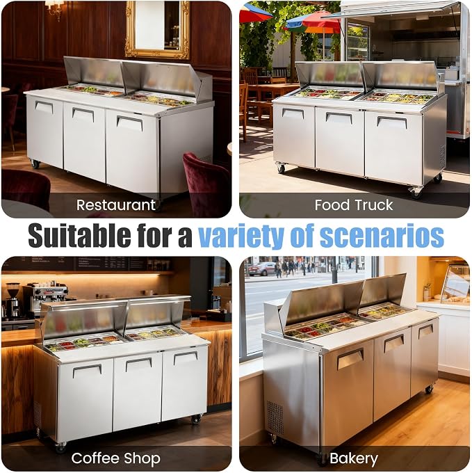 72" W Commercial Refrigerator Sandwich Salad Prep Table, Stainless Steel 3-Door - Image 8