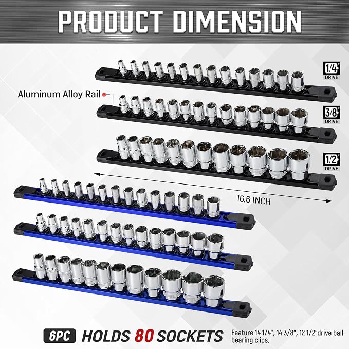 ALOANES 6-Piece Magnetic Socket Organizer, Heavy Duty Aluminum Socket Rails - Image 2