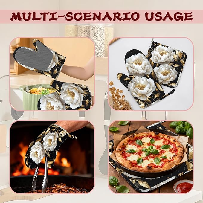 White Flowers Oven Mitts and Pot Holders, Glitter Blooming Heat Resistant - Image 6