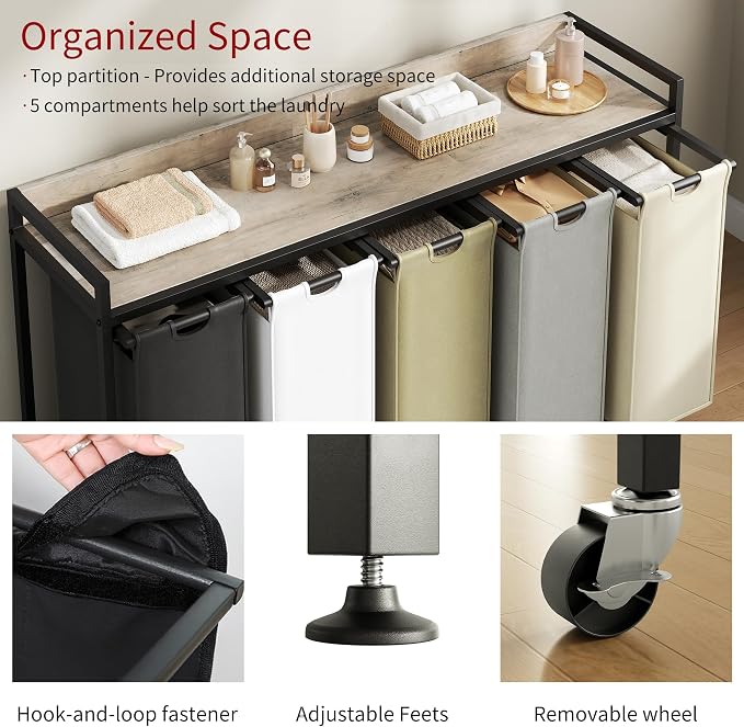 Laundry Hamper with Shelf, Laundry Basket 5 Section, Laundry Sorter with - Image 3