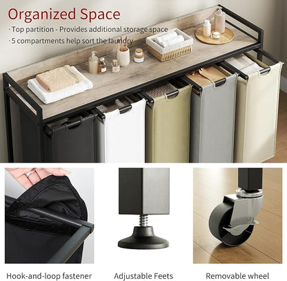 Laundry Hamper with Shelf, Laundry Basket 5 Section, Laundry Sorter with - Image 3
