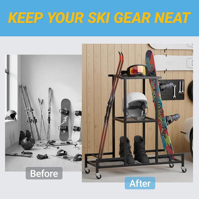Standing Ski Storage Rack, Holds Snowboards & Skis, 3-Tier Organizer - Image 7