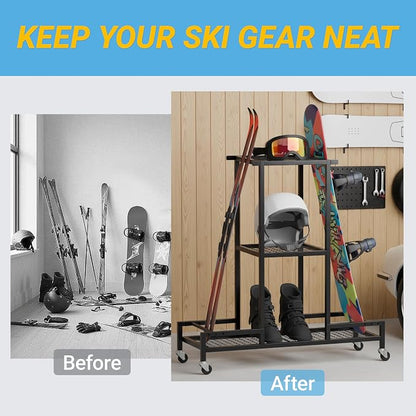 Standing Ski Storage Rack, Holds Snowboards & Skis, 3-Tier Organizer - Image 7