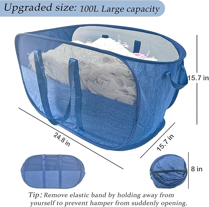 Extra Large Mesh Pop Up Laundry Hamper, 100L Collapsible Laundry Basket - Image 2