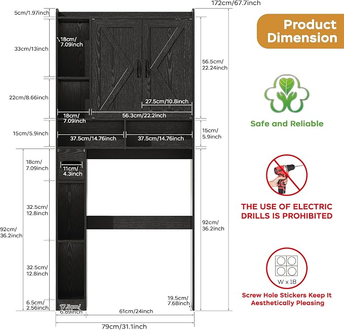 Over the Toilet Storage Cabinet, 31”W Bathroom Organizer | - Image 2