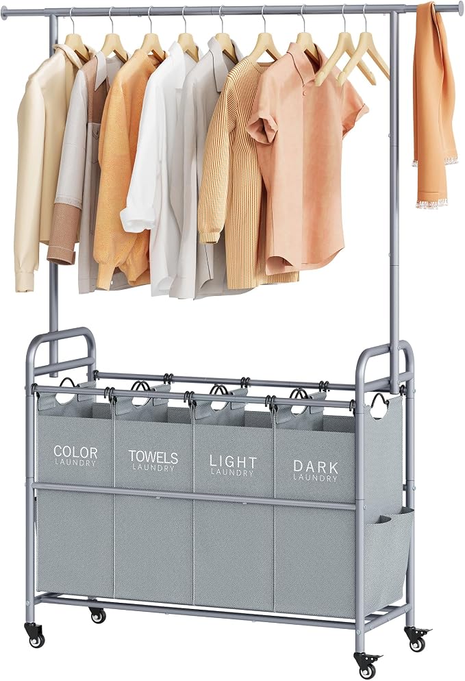 Tajsoon Laundry Sorter with Hanging Bar, 4 Section Rolling Laundry Hamper with by Tajsoon