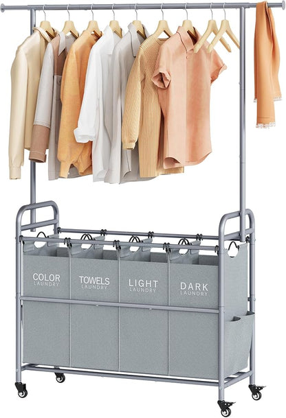 Tajsoon Laundry Sorter with Hanging Bar, 4 Section Rolling Laundry Hamper with by Tajsoon
