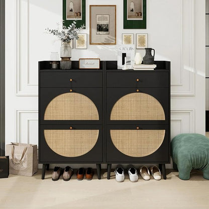 9.4" Ultra Slim Black Shoe Storage Organizer Set of 2 Arched Rattan Shoe Cabinet by YHFEXYT