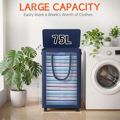 Slim Laundry Hamper with Wheels, 20 Gal Rolling Laundry Basket with lid and - Image 2