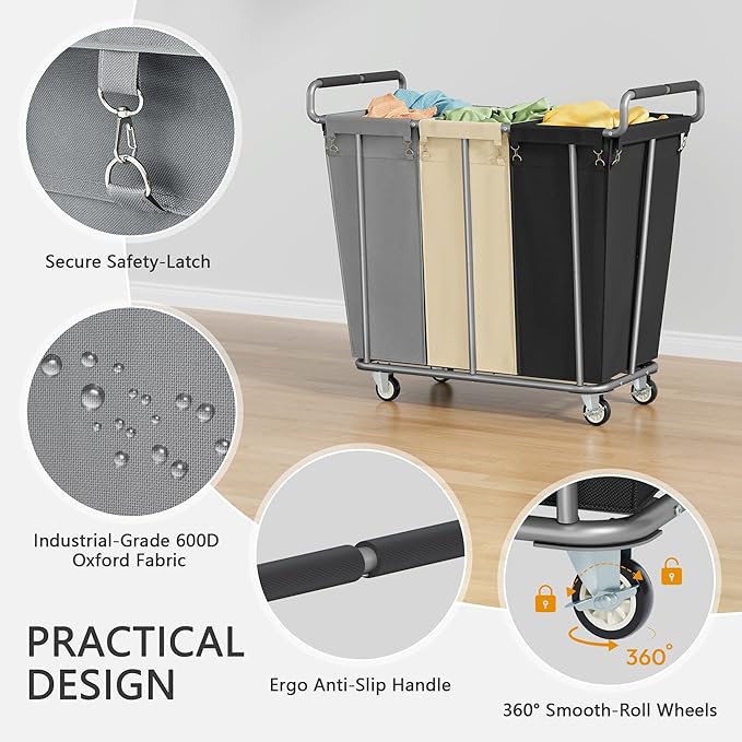 Large laundry hamper with Wheels, 360L 3 Bag Big Rolling Laundry Hamper Sorter - Image 6
