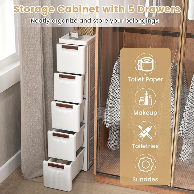 5-Drawer Narrow Storage Cabinet, Slim Rolling Cart | Mobile Plastic Cart - Image 7