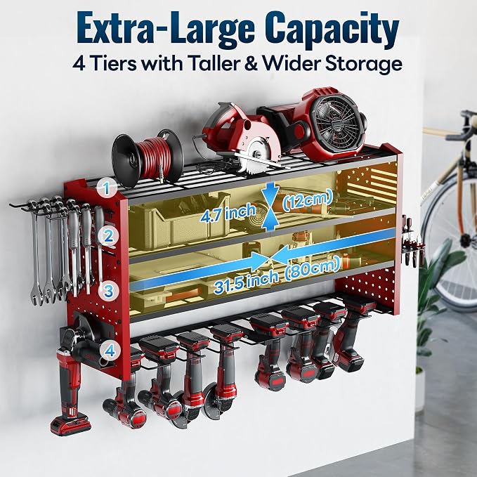 Tomorotec 4-Layer Wall-Mounted Power Tool Storage Rack, Heavy-Duty Steel Drill - Image 2