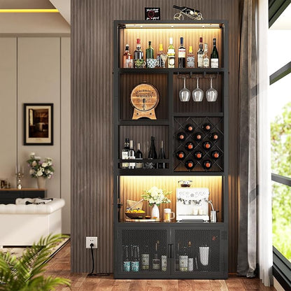 82.6" Tall Bar Cabinet with Power Outlets, 6-Tiers Reversible Wine Cabinet with - Image 8
