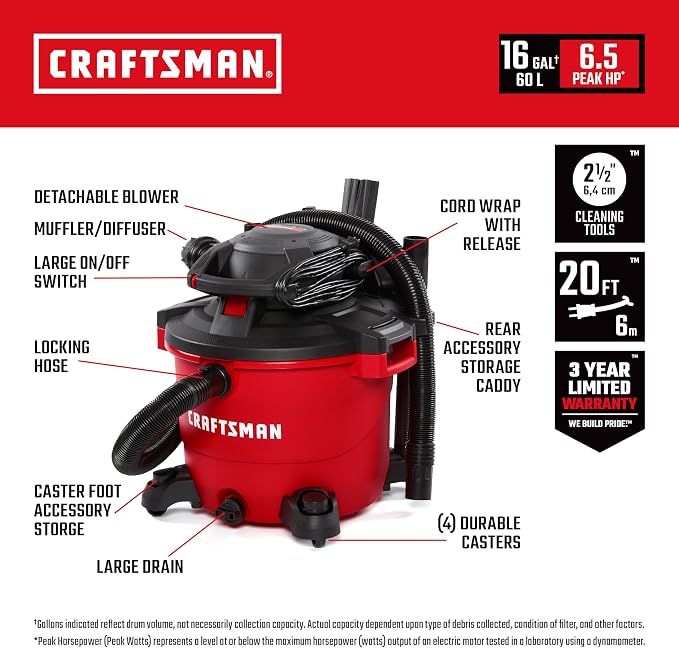 Craftsman CMXEVBE17607 16 Gallon 6.5 Peak HP Wet/Dry Vac - Image 2
