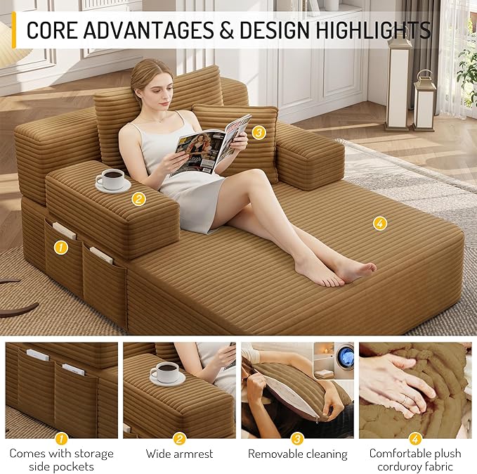 2-in-1 Convertible Chaise Lounge Indoor, 60.2" Corduroy Upholstered Chaise - Image 5