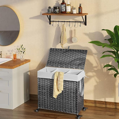 GREENSTELL Laundry Hamper with Wheels&Lid, 130L Large 3 Sections Clothes Hamper - Image 2