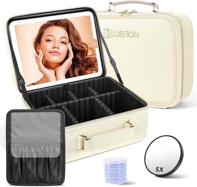 JUSRON Travel Makeup Bag With LED Mirror, Cosmetic Train Case with Light up by JUSRON