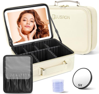 JUSRON Travel Makeup Bag With LED Mirror, Cosmetic Train Case with Light up by JUSRON