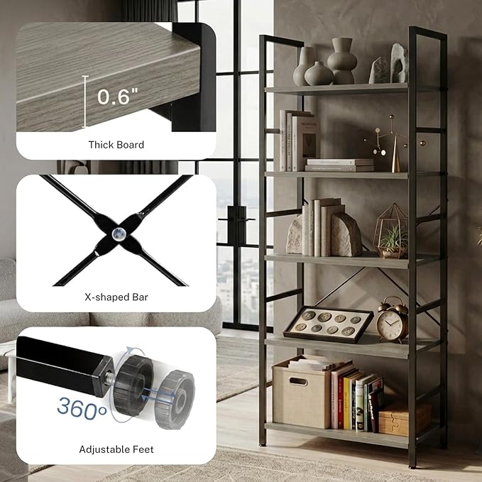 HealSmart 5 Tier Bookshelf, Free Standing Book Shelf Home Office Bookcase Shelf - Image 5