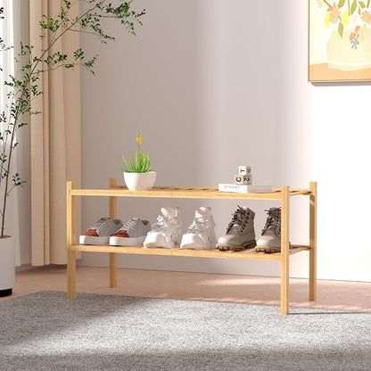 2 Tier Bamboo Shoe Rack for Closet Free Standing Wood Shoe Shelf for Entryway - Image 2