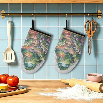 Heat Resistant Oven Mitts, Spring Garden Flowers Scene Kitchen Gloves - Image 5