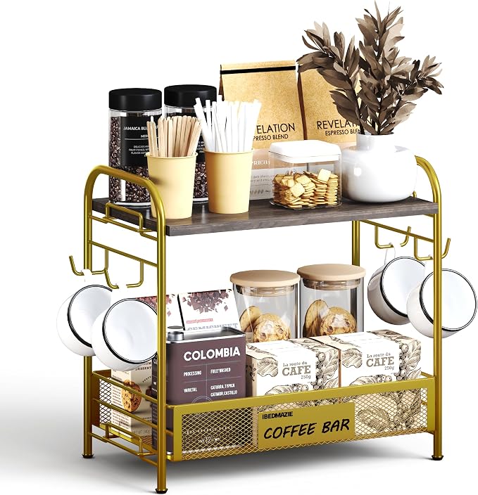 Coffee Bar Organizer for Countertop Station, Simple Assembly 2 Tier Shelf for by IBEDMAZIE