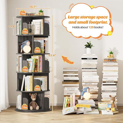 Aheaplus 5 Tier Rotating Bookshelf, Wood Spinning Bookshelf Tower, Round - Image 2