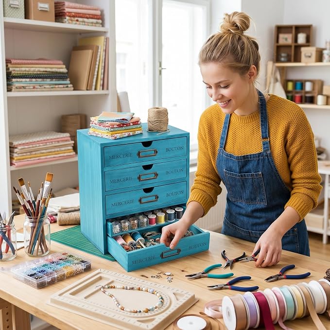 Wesiti 5-drawer Wooden Desk Organizer Blue, Embroidery Floss Thread Organizer - Image 6