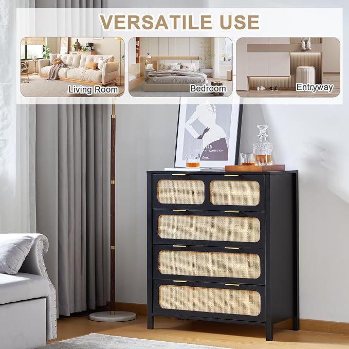 4 Drawer Dresser with Rattan Finish, Modern Farmhouse Chest of Drawers with - Image 9