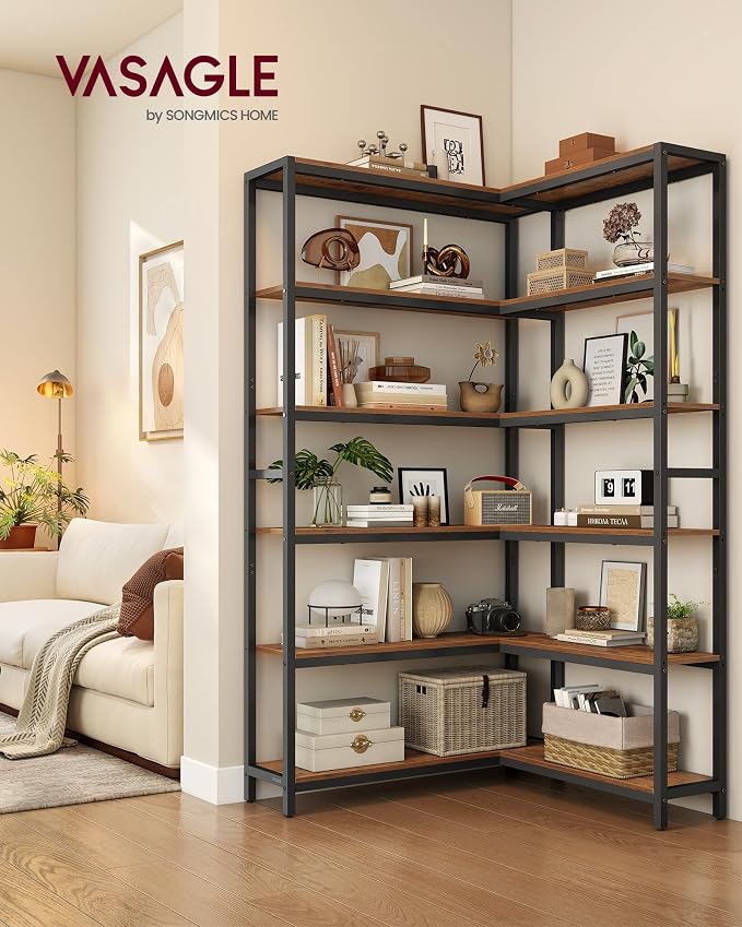 VASAGLE 6 Tier Bookshelf with Metal Frame, Convertible Industrial Corner Shelf - Image 2