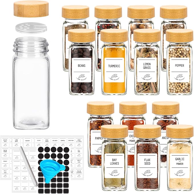 4 oz Glass Spice Jars with Bamboo Lids, 16 Pack Spice Bottles | 120ml Seasoning by Keketin