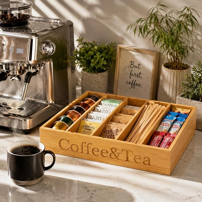 MinBoo Premium Bamboo Coffee Station & Tea Bag Organizer Box -7 Adjustable Slots - Image 5