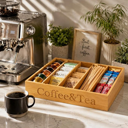 MinBoo Premium Bamboo Coffee Station & Tea Bag Organizer Box -7 Adjustable Slots - Image 5