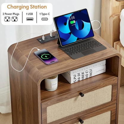 Modern Night Stand with Charging Station and 2 Drawers, Wooden Side Table - Image 3