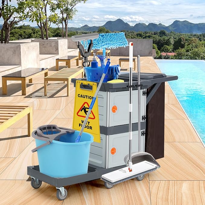 Commercial Janitorial Cart, 3-Shelf Housekeeping Cleaning Cart - Image 6