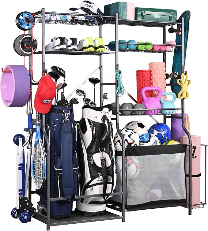 PLKOW Golf Storage Ball Rack Garage Organizer, 2 Golf Bag Organizer and Other by PLKOW