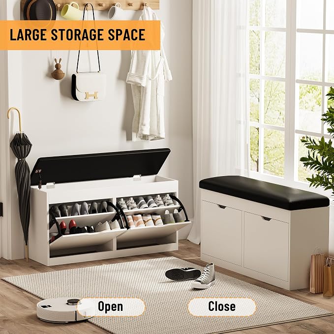 40" Shoe Storage Bench with 2 Flip Drawers & Padded Seat Cushion, Shoe Cabinet - Image 7