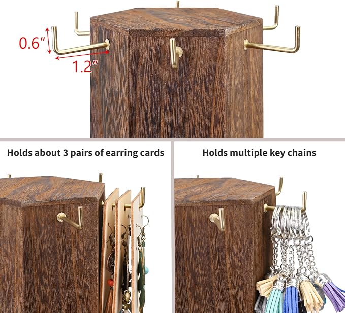 Ikee Design Free Assemble 24 Hooks Wood Hexagon 6 Sided Rotating Jewelry - Image 4